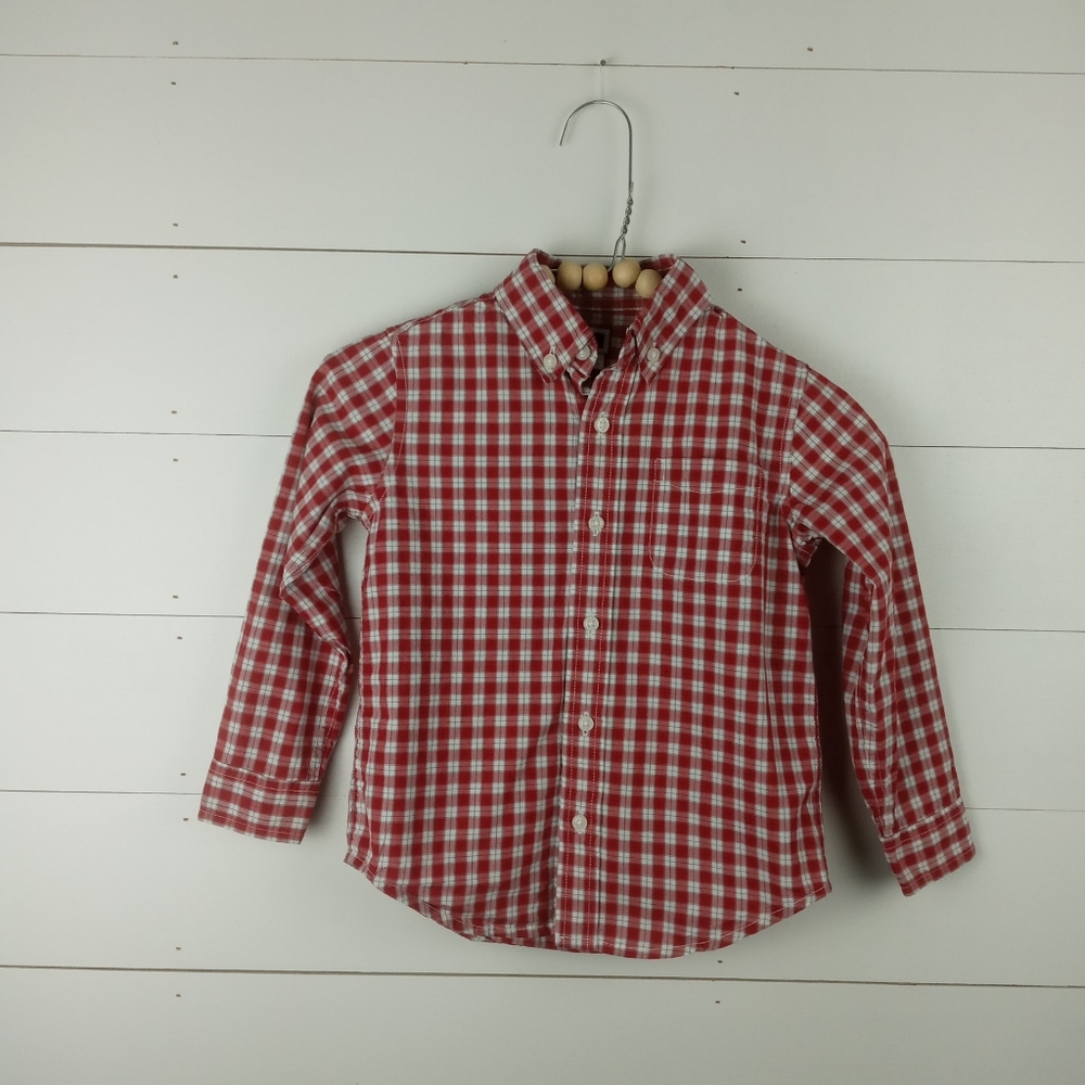 Janie and Jack boys size 4 red white and gray plaid button up top collared